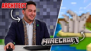 Architect on computer with split screen of blurred Minecraft creation.