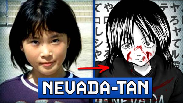 photo of young girl with red arrow pointing to a drawn caricature of girl with blood on her face.  