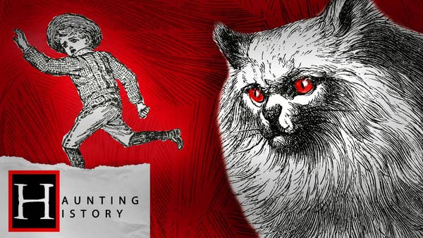 a 19th century boy runs away from a giant long haired cat with red eyes over a red background with ice details