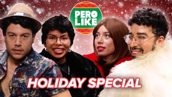 Iván, Vanessa, Kim, and Curly together with the Pero Like holiday logo above them and "Holiday Special" below