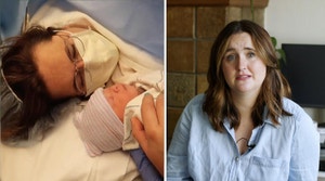 A side-by-side of Sarah holding her baby and talking to the camera. 