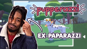 Man on left points to head in "think about it" motion.  Arrow points to man with text that reads, "ex-paparazzi. Video Game image of dog in background with game title text that reads, "Pupperazzi".