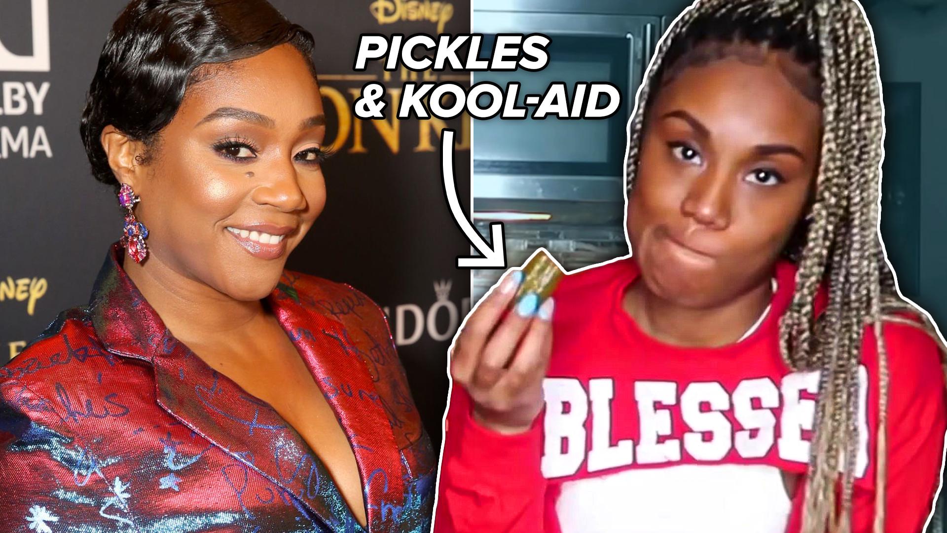 Tiffany Haddish next to a photo f Kayline holding up a pickle.