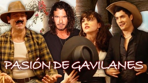 Three people acting in front of a cast member of Pasion De Gavilanes.