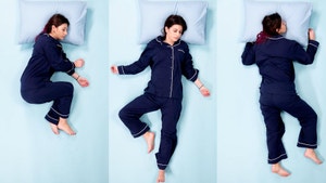 Woman sleeps in three different sleeping positions: On her side, on her back, and on her stomach. 
