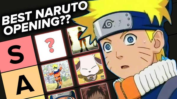 Naruto character in right of frame looks surprised.  Text in top left of frame reads "BEST NARUTO OPENING??"
