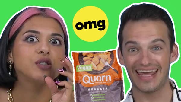Sohan and Ryan look shocked and excited on a green background with an omg sticker and and a bag of Quorn nuggets.