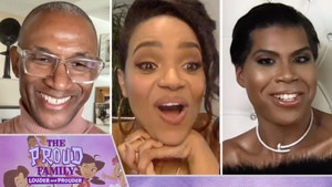 Tommy Davidson (left) smiles, Kyla Pratt (middle) makes a surprised face, and EJ Johnson (right) smiles. "The Proud Family Louder and Prouder" logo is placed in the lower left corner.