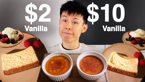 Alvin the the middle of frame, mirrored desserts on either side of him. Left side text reads "two dollar vanilla", right side text reads, "ten dollar vanilla".