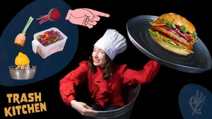 woman with a chef hat coming out of a trashcan holding a burger on the lid on the right and an arrow pointing from juice pulp on the left 