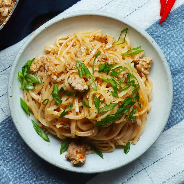 Spicy Chile Garlic Rice Noodles with Ground Pork and Scallions
