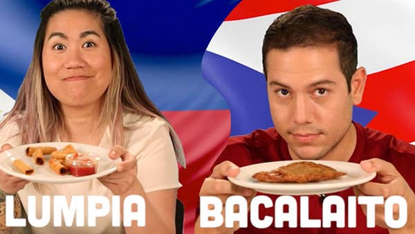 Cheska holding up a plate of Lumpia with the Filipino Flag behind and Iván holding up a plate of Bacalaito with the Puerto Rican flag behind. Pero Like bug in the corner