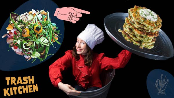 veggie scraps being transformed into veggie plantcake pancakes with a yogurt topping above a woman in a trashcan wearing a chef's hat