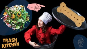 scraps turned into dog treats with a woman in a trash can wearing a chef's hat