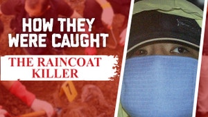 How they were caught: the raincoat killer text on the left, close up of man in face mask and raincoat on the right