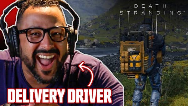 Delivery Driver smiles big with a gaming headset on and the words "Delivery Driver" with an arrow pointing to him below. The title of "Death Stranding" drips onto a delivery driver in the game to the right.
