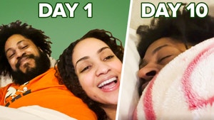 On the left, a couple lies in bed awake on "Day 1" of the sleep experiment. On the right, a man sleeps peacefully on "Day 10" of the sleep experiment.