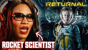 Olympia LePoint stares, mouth agape, with sunglasses on. The text "Rocket Scientist" appears below her and an astronaut from the game looks on with the text "Returnal" printed above her.