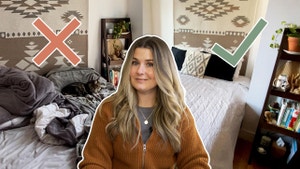 The host is shown in front of a "before" photo of a cluttered bedroom, and an "after" photo of a clean, decluttered bedroom.