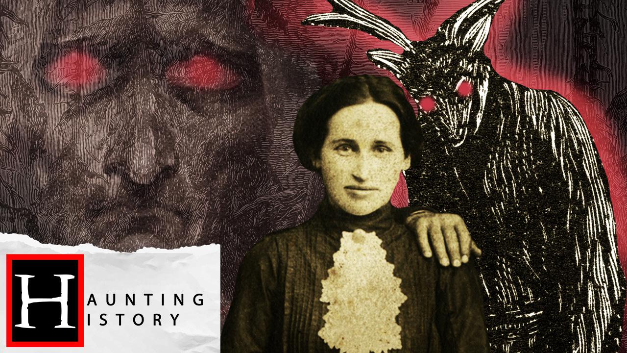 A man with a deer head and glowing read eyes stands behind a 19th century woman with an image of woods in the background with the outline of a witch's face visible to the left with glowing red eyes. 