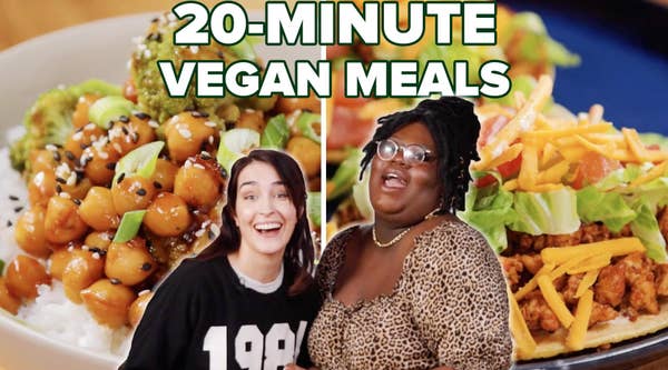 Merle and Joyce smiling in front of a vegan dish.
