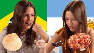 Two of the contestants trying the other country's food items with their respective nationality's flags behind them: Brazil and Argentina