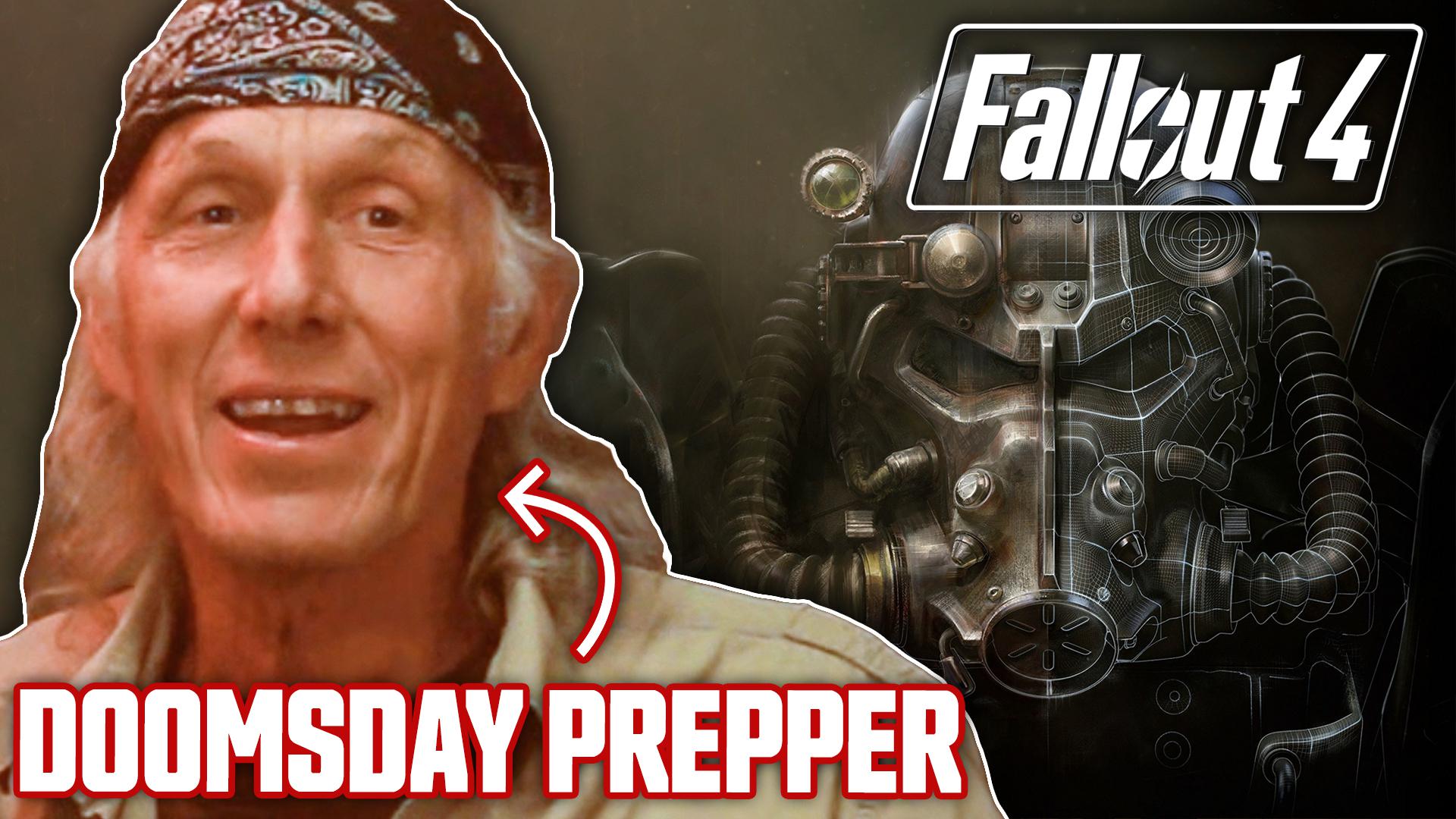 A close-up of Christopher Nyerges' smiling face is to the left with the print DOOMSDAY PREPPER beneath him and a looming Apocalyptic figure is to the right. The logo for Fallout 4 is above the figure.