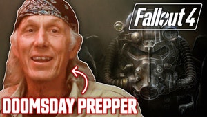 A close-up of Christopher Nyerges' smiling face is to the left with the print DOOMSDAY PREPPER beneath him and a looming Apocalyptic figure is to the right. The logo for Fallout 4 is above the figure.