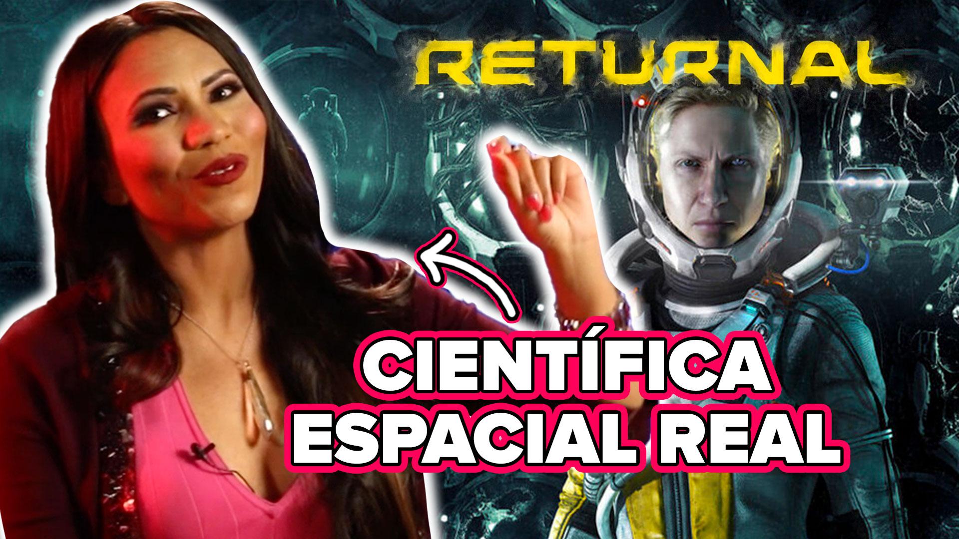 Olympia LePoint stares, mouth agape, with sunglasses on. The text "Rocket Scientist" appears below her and an astronaut from the game looks on with the text "Returnal" printed above her.