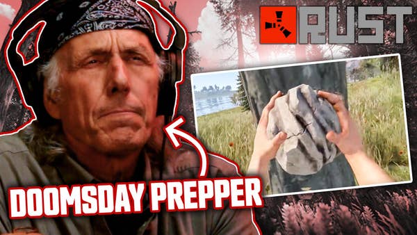 Christopher Nyerges's close-up face looks flustered with the words "Doomsday Prepper" pointing toward him. An image of hands bashing a rock into a tree appear from the video game Rust on the right with the game's title above it.