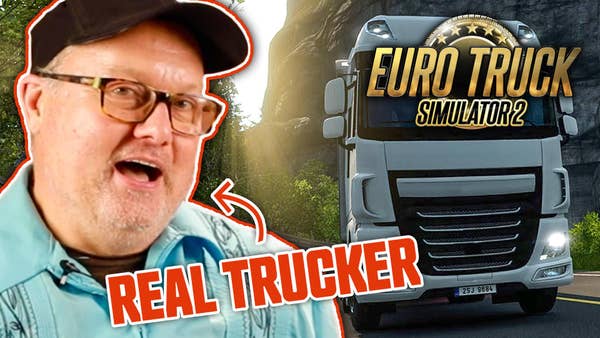 Trucker, Scot Free, smiles with the words Real Trucker pointing to him. On the right is the front of a semi truck with the game title "Euro Truck Simulator 2" over it.