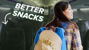 Woman with a backpack boards a plane. Text says "better snacks" with an arrow pointing to a seat. 