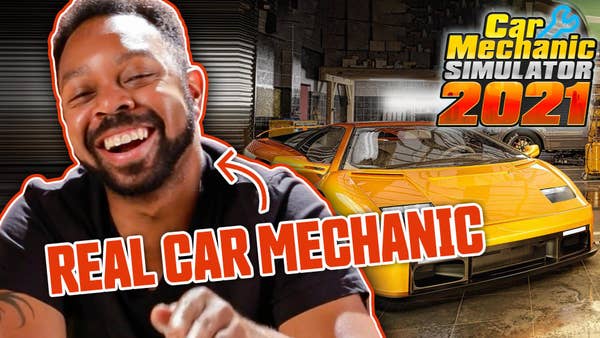 Car mechanic, Malachite Perry, laughs next to a yellow sports car. The words "Real Car Mechanic" point to him with an arrow and the game logo, "Car Mechanic Simulator 2021" is in the corner.