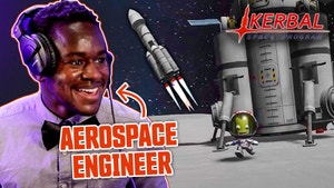 航天工程师埃米尔戴着领结看着他的火箭在克尔巴尔太空计划起飞微笑。“航空航天工程师”这几个字指向他，一个小绿人在月球上跳舞。