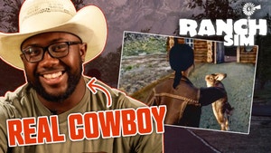 微笑的牛仔，Kemani，戴着牛仔帽微笑着，上面写着“真正的牛仔”。右边是游戏中的一幅图片，一个女人抓着兔子的脖子。游戏名称“Ranch Sim”出现在上面。