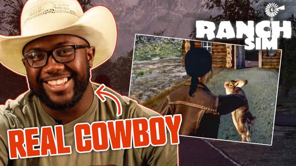 Smiling cowboy, Kemani, grins in a cowboy hat with the words "real cowboy" pointing to him. On the right is an image from the game of a woman holding a rabbit by the neck. The game title, "Ranch Sim" appears above that.