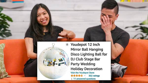 Bachelorette, Laura, sits on an orange couch with host, Chris Jereza. An image of an Amazon.com disco ball with its description on the website is in front of them.