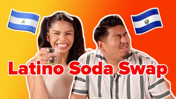 Vanessa and Alex are next to each other, reacting to sodas. Milca and Cola Champagne bottles hover in front of them with "Latino Soda Swap" in text above them. 