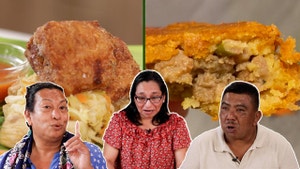 A photo composite of two food plates side by side. With white and green text in the forefront reading vegan? There is a women on the left with a pointed finger reaction, a woman in the middle with a shocked reaction and a man left with a shocked face.