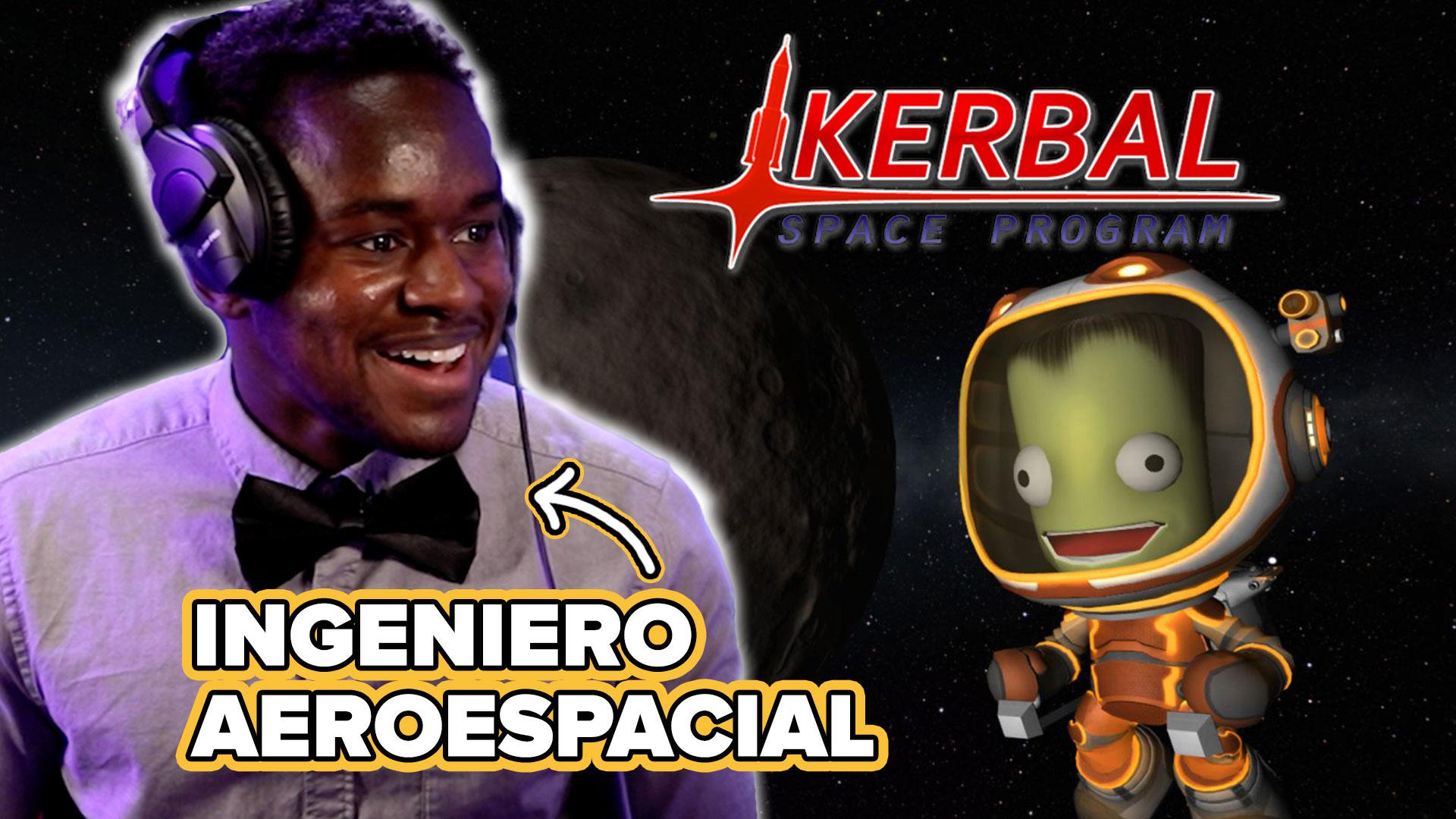 Aerospace Engineer Emil smiles wearing a bowtie at his rocket in Kerbal Space Program taking off. The words "Aerospace Engineer" point to him and a little green man dances on the moon.
