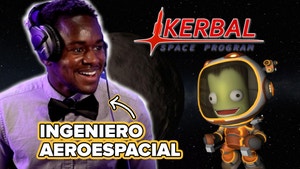 Aerospace Engineer Emil smiles wearing a bowtie at his rocket in Kerbal Space Program taking off. The words "Aerospace Engineer" point to him and a little green man dances on the moon.