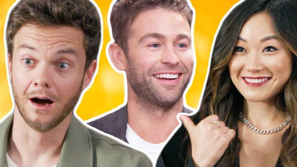 (L-R): Jack Quaid, Chace Crawford and Karen Fukuhara looking surprised and excited
