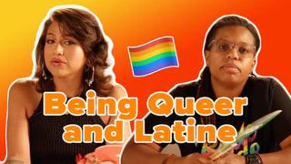 Two of the speakers looking into the camera with "Being Queer and Latine" text and the Pride flag in front 