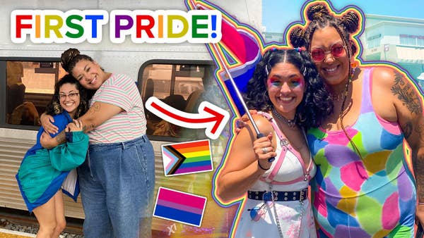 Jamie and Jazz before Jamie left on her trip wearing travel clothes and at Pride wearing colorful clothing. The words "FIRST PRIDE" sit in the top lefthand corner with an arrow pointing to Jamie in her colorful clothing