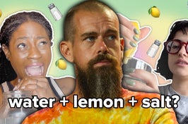 Viv (left) holds a mason jar of lemon salt water in disgust. Jack Dorsey (Twitter co-founder) Getty image is centered. Carolina (right) squeezes a lemon into a glass of water. Lemon, salt shaker, and glass of water emojis decorate the backdrop.