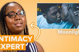 Dr. Racine Henry (left) describes a love scene from a movie. Text reading "Intimacy expert" with an arrow points to Dr. Henry. A scene from Moonlight wherein teenage Kevin kisses teenage Chiron is shown on the right.
