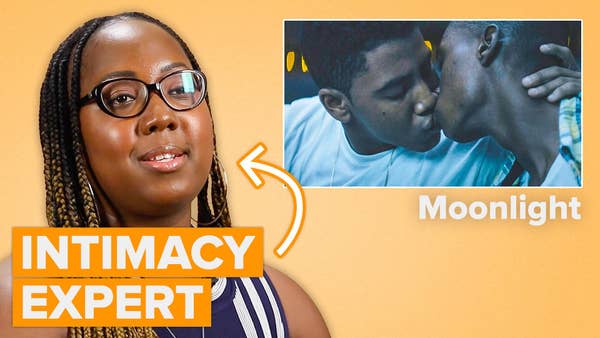 Dr. Racine Henry (left) describes a love scene from a movie. Text reading "Intimacy expert" with an arrow points to Dr. Henry. A scene from Moonlight wherein teenage Kevin kisses teenage Chiron is shown on the right.