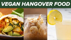 Split screen showing a tofu scramble breakfast burrito, a jar of banana almond oatmeal, and soothing ginger tea. At the top, it reads: "Vegan hangover food"