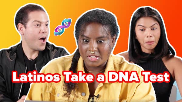 Iván, Monica, and Vanessa reacting to, presumably, their DNA results. The video title, "Latino Take a DNA Test", sits across the image accompanied by a double helix of genes. 