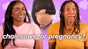 One contestant (left) expresses confusion in her face. Another (right) expresses outrage. The exposed pregnant belly of a woman is placed between each woman. Text reading "chainsaws for pregnancy?" is placed in the bottom center.
